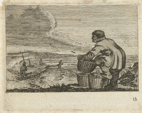Dune landscape with a man with three baskets, Gillis van Scheyndel (I), Jan Porcellis, 1645