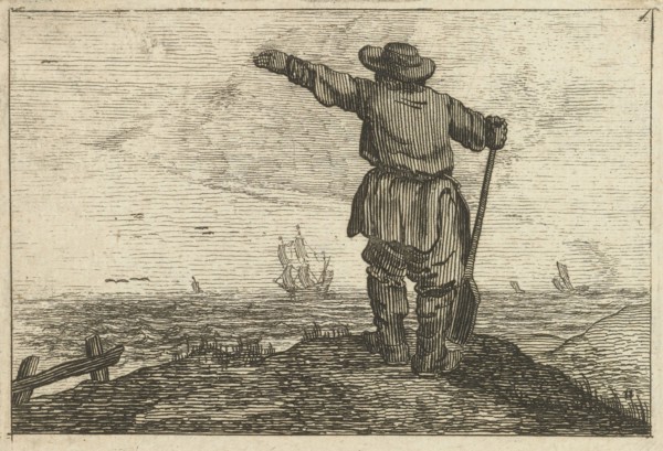 Dune landscape with a waving man leaning on a shovel, Gillis van Scheyndel (I), Jan Porcellis, 1645