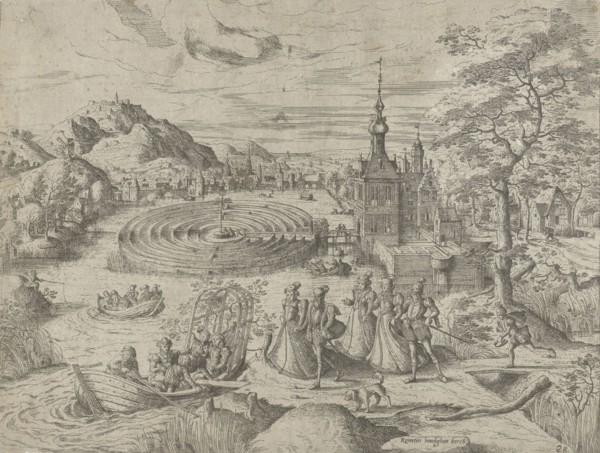 Landscape with company getting into a boat, Remigius Hogenberg, 1546-1588