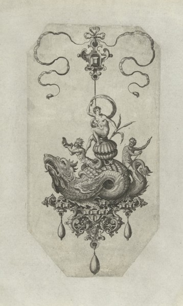 Pendant with dragon with a double shell on his back, print maker: Adriaen Collaert, Hans Collaert