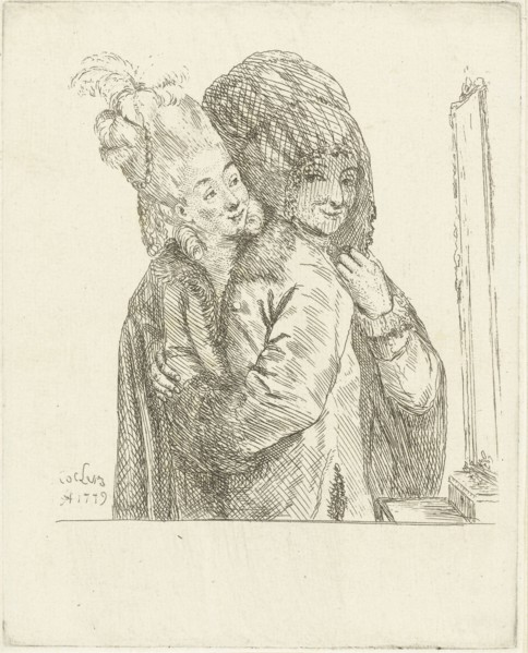 A man and a woman dressing in front of the mirror, Louis Bernard Coclers, 1779