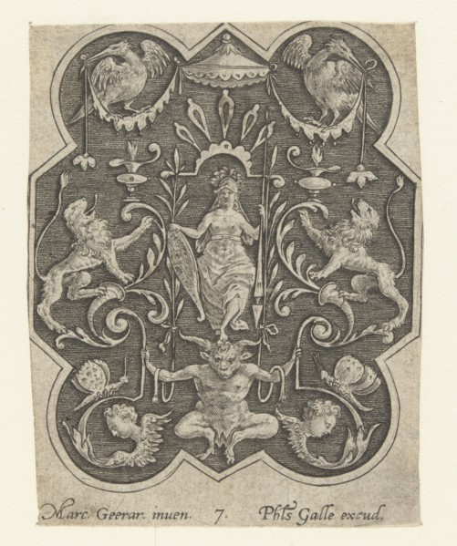 Helmeted woman with shield and spear, Philips Galle, Marcus Geeraerts, 1547 - 1612