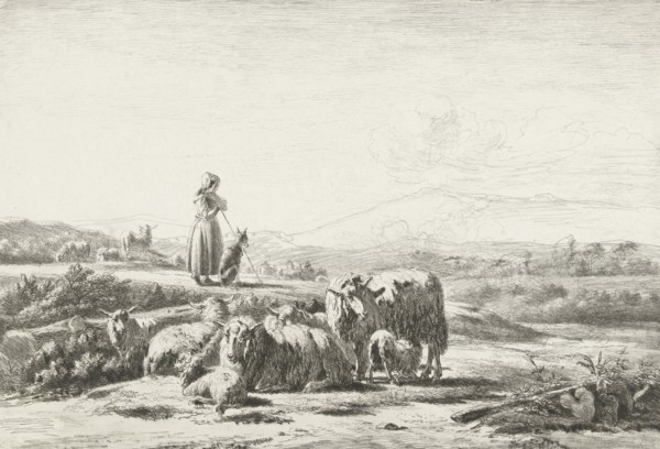 Landscape with shepherd and dog with flock of sheep, Simon van den Berg, 1822-1899