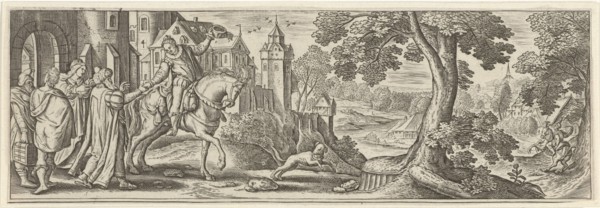 The prodigal son says goodbye to his parents, Julius Goltzius, Hans Bol, Claes Jansz. Visscher