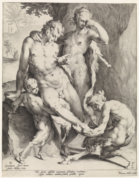 Oreaden removing a thorn from the foot of a satyr, print maker: Jan Harmensz. Muller, Bartholomeus
