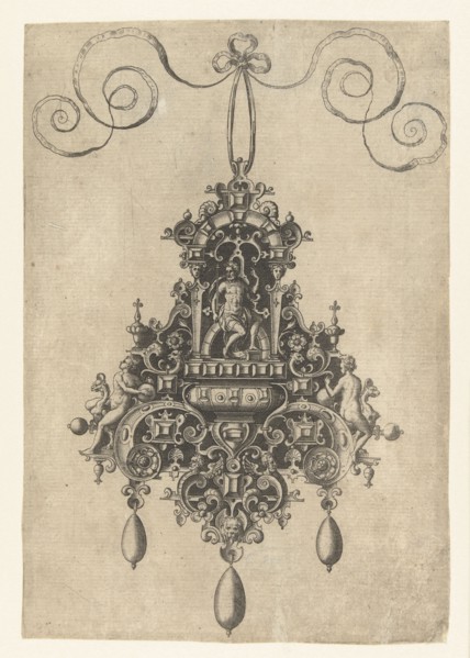 Hanger with armored seated deity, print maker: Anonymous, Hans Collaert I, Philips Galle, 1581
