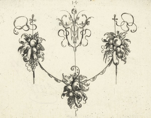 Garland with three bouquets of fruit, Michiel le Blon, print maker: Anonymous, Balthasar Caymox,