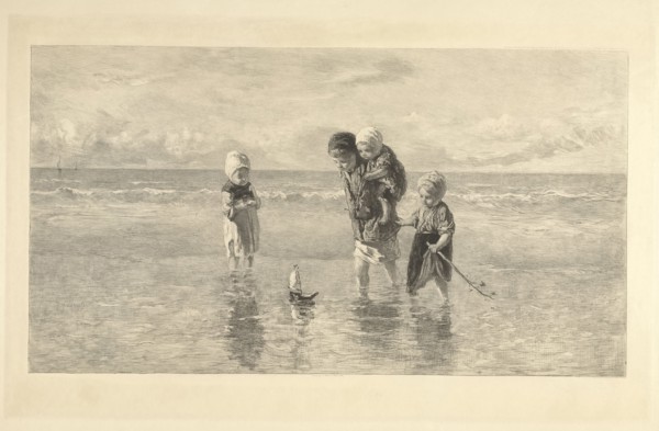 Four children playing with toy boat on the beach in shallow seawater, Carel Lodewijk Dake, A.