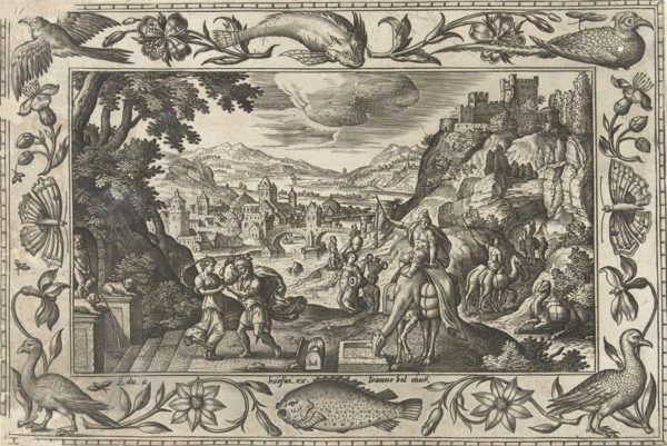 Rebecca and Eliezer at the Well, print maker: Adriaen Collaert, Hans Bol, Eduwart van Hoeswinckel,