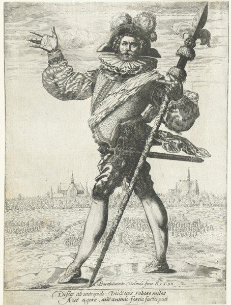Army captain with lance before a besieged city, Bartholomew Willemsz. Dolendo, 1590