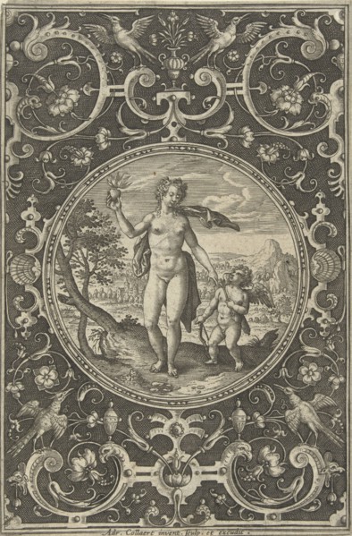 Medallion which Venus with the Paris Apple in her hand and Amor by her side, print maker: Adriaen