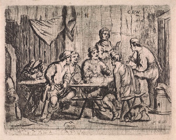 Six farmers and innkeeper in inn, print maker: Cornelis de Wael, 1630 - 1648