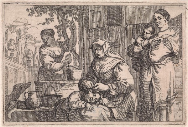 Old woman delouses a child, Jan Baptist de Wael, 1642 - 1669
