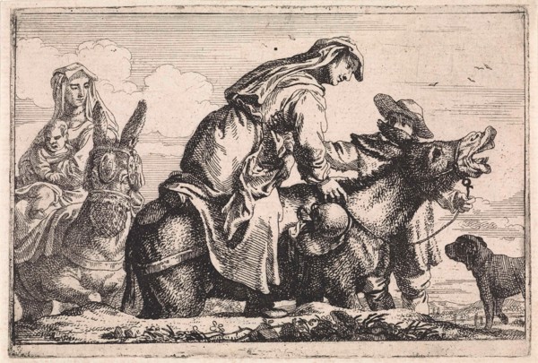 Woman gets on a donkey, Jan Baptist de Wael, 1642 - 1669