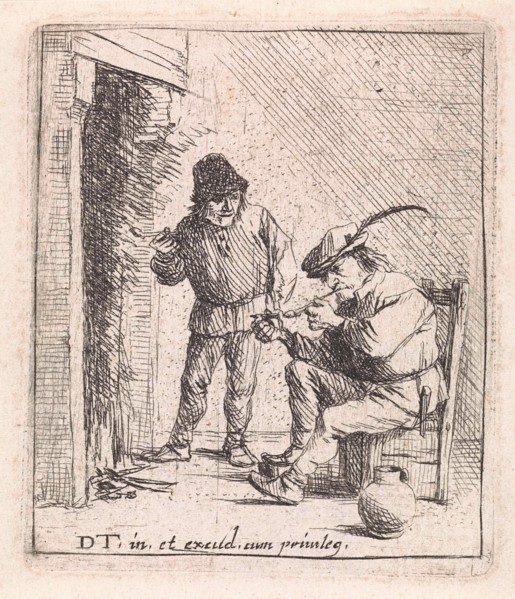 Two farmers in the fireplace, David Teniers (II), Anonymous, 1626 - 1690