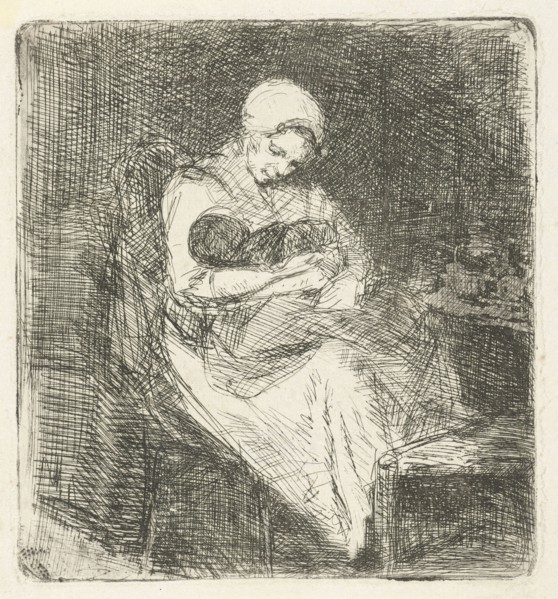 Woman sitting with a child in her arms, Bernardus Johannes Blommers, 1855-1914