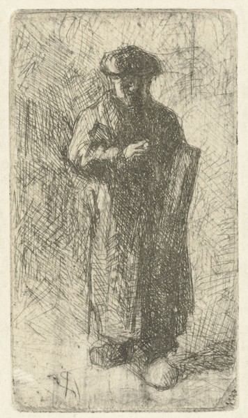 Artist on clogs with art folder under his arm, print maker: Bernardus Johannes Blommers, 1855 -