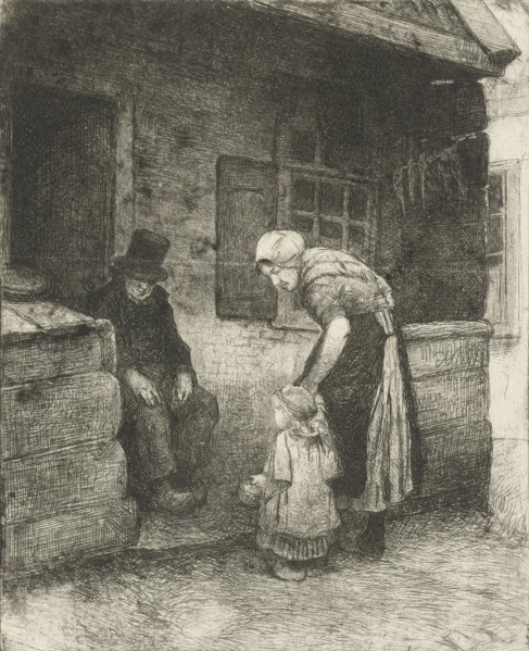 Woman with small child is sitting at home working for old man, Bernardus Johannes Blommers, 1855 -