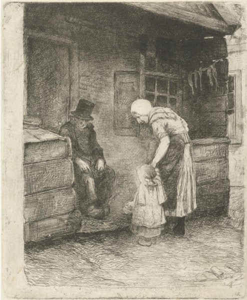 Woman with small child is sitting at home working for old man, Bernardus Johannes Blommers, 1855 -