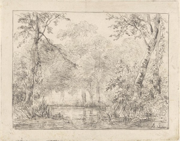 Forest scene with pond, Andreas Schelfhout, 1852