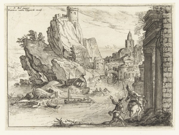Rocky coast of Campania city and travelers Italy, Paul Bril, Frans van den Wijngaerde, print maker: