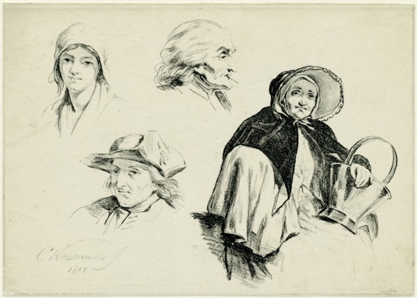 Study Journal. Top left of a woman's head and face. Right a seated woman with a bucket. Kneepad.