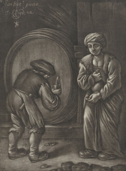 Two figures and a wine barrel, Jan van Somer, Jo. Lloyd, 1655 - 1700