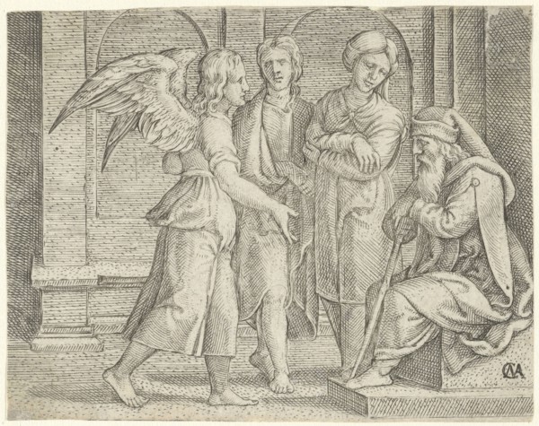 Tobias and the Angel with Tobit and Anna, Cornelis Massijs, 1544 - 1556