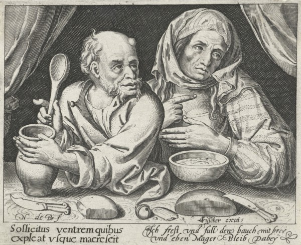 Man and woman eating porridge, Nicolaes de Bruyn, Claes Jansz. Visscher (II), 1581 - 1656