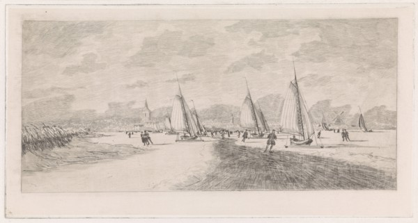 Frozen river with skaters and ice sailing, Elias Stark, 1859 - 1891