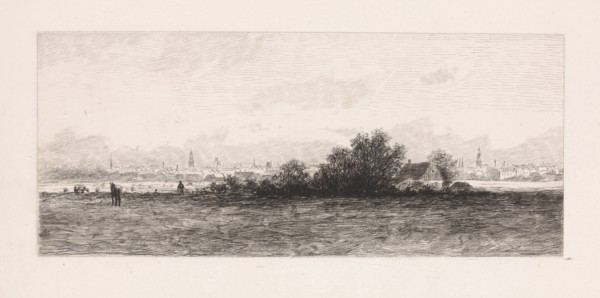 Cityscape with meadows in the foreground, Elias Stark, 1859 - 1891