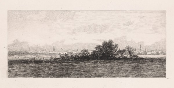 Cityscape with meadows in the foreground, Elias Stark, 1859-1891
