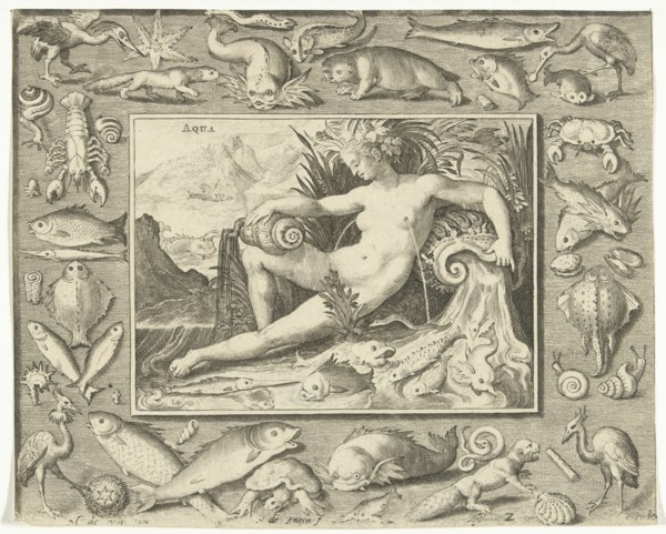 The element water personified by a women at a well containing fishes. Nicolaes de Bruyn, 1581 -