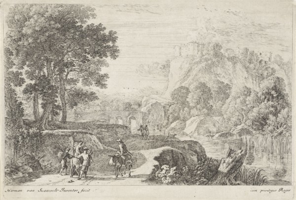 Travellers on a donkey, print maker: Herman van Swanevelt, 1650 - 1705