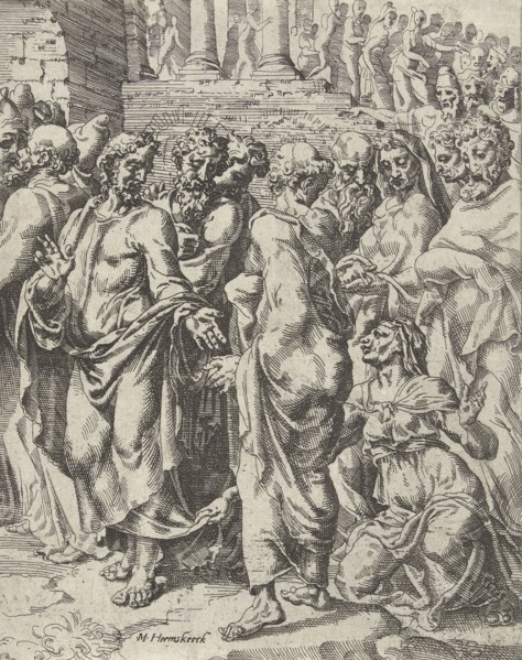 Healing of a woman suffering from hemorrhages, attributed to Dirck Volckertsz Coornhert, 1548