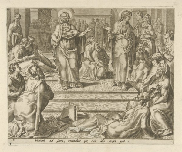 Peter and Johannes among their students, Philips Galle, Hieronymus Cock, 1558