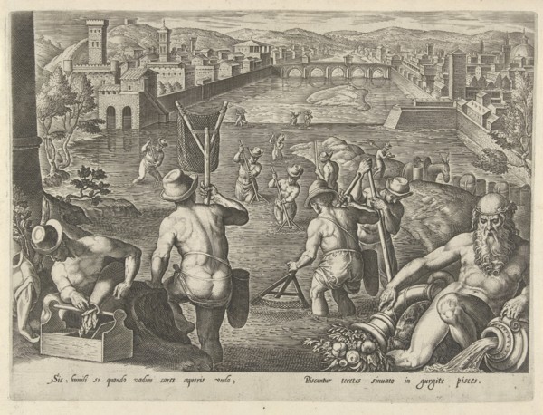 Fishing with landing net, Philips Galle, Jan van der Straet, 1578