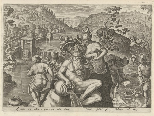 Nocturnal fishing with a rod, Philips Galle, Jan van der Straet, 1578