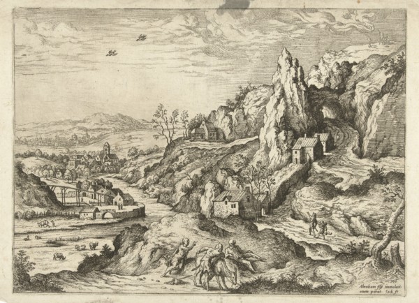 Abraham and Isaac on the road to the place of sacrifice, print maker: Hieronymus Cock, Matthys
