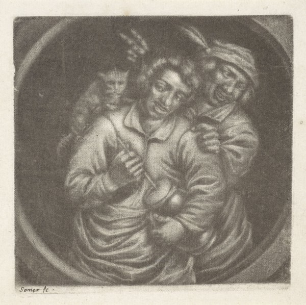 Rommelpotspeler, friction drum player, with a cat, Jan van Somer, Adriaen Brouwer, 1655 - 1700