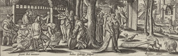 The prodigal son squanders his money, Julius Goltzius, Claes Jansz. Visscher (II), c. 1560 - 1595
