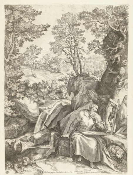 Landscape with St. Jerome who translates the Bible, Cornelis Cort, Carlo Losi, 1573