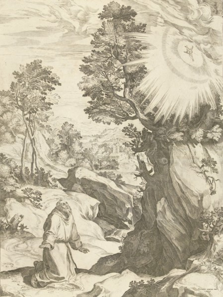 Landscape with vision of St. Francis of Assisi, print maker: Cornelis Cort, Girolamo Muziano, Carlo