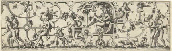 Chariot with a woman, pulled by two men, a turtle and a dog