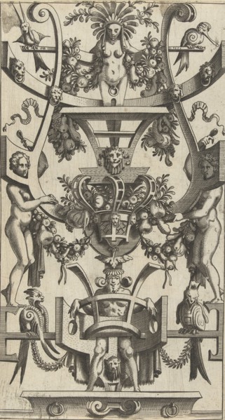 Scrolling with a fruit basket in the middle, Anonymous, Cornelis Bos, 1550