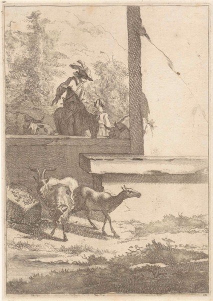 Goats and one rider at a wall, Jan de Visscher, Nicolaes Pietersz. Berchem, 1643 - 1692