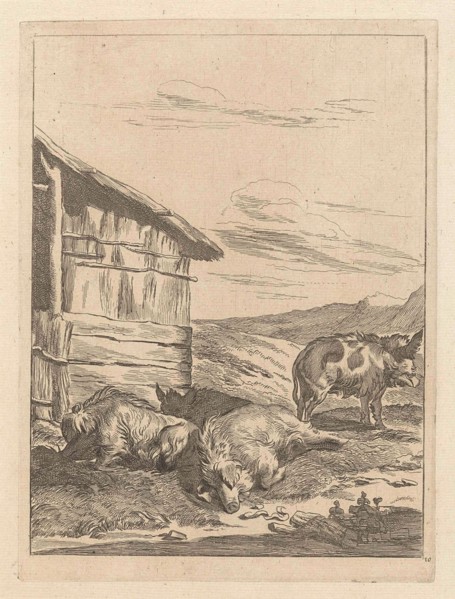 Landscape with boar before a stable, Anonymous, 1643 - 1692