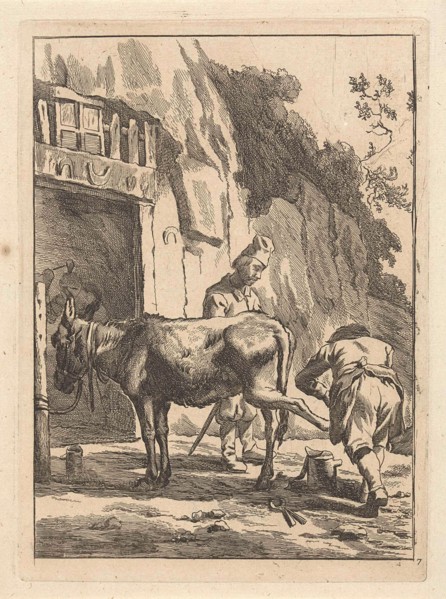 Farrier, specialist in equine hoof care, and a donkey, Anonymous, Karel Dujardin, 1643 - 1692