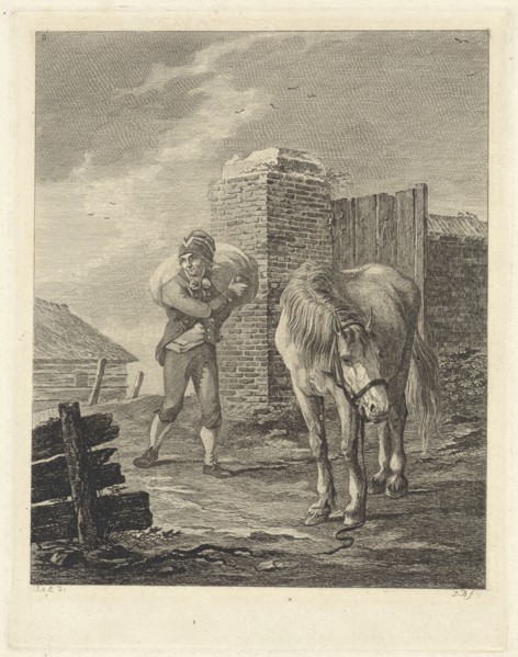 Man with bag on shoulder near unsaddled horse, Joannes Bemme, Jan Anthonie Langendijk Dzn,