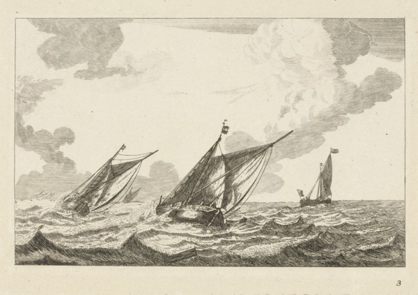 Three sailboats on a rough sea, Anonymous, Reinier Nooms, 1700 - 1799
